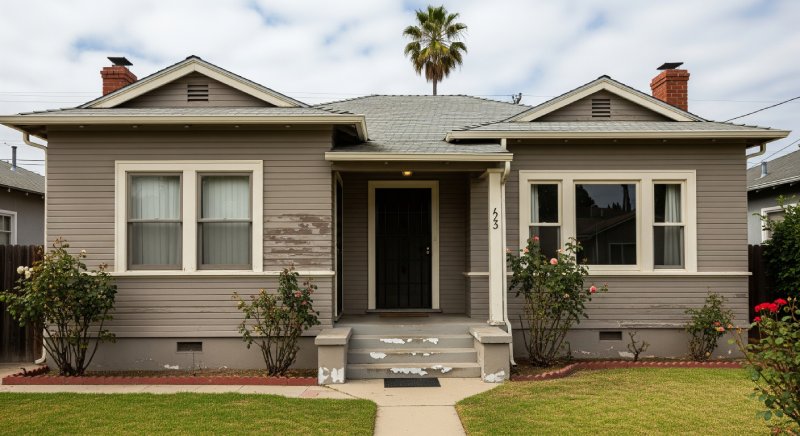 A beige house with white trim that needs repairs in Palmdale, California