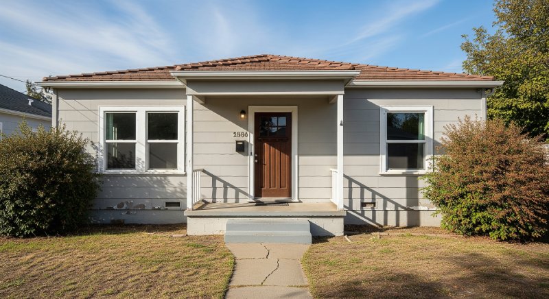 A beige house with white trim that needs repairs in Sacramento, California