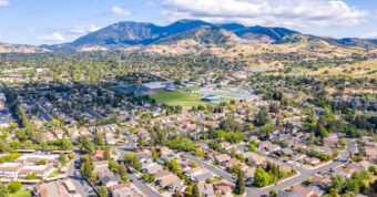 Aerial view of Concord neighborhoods with Mount Diablo backdrop, highlighting Osborne Homes’ Concord service area.
