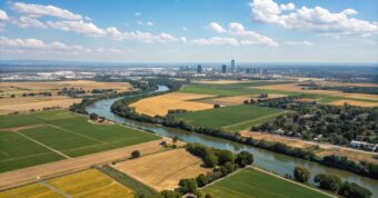 An oblique aerial view of Tuolumne River with downtown Modesto, California off in the distance. We buy houses in Modesto, CA!