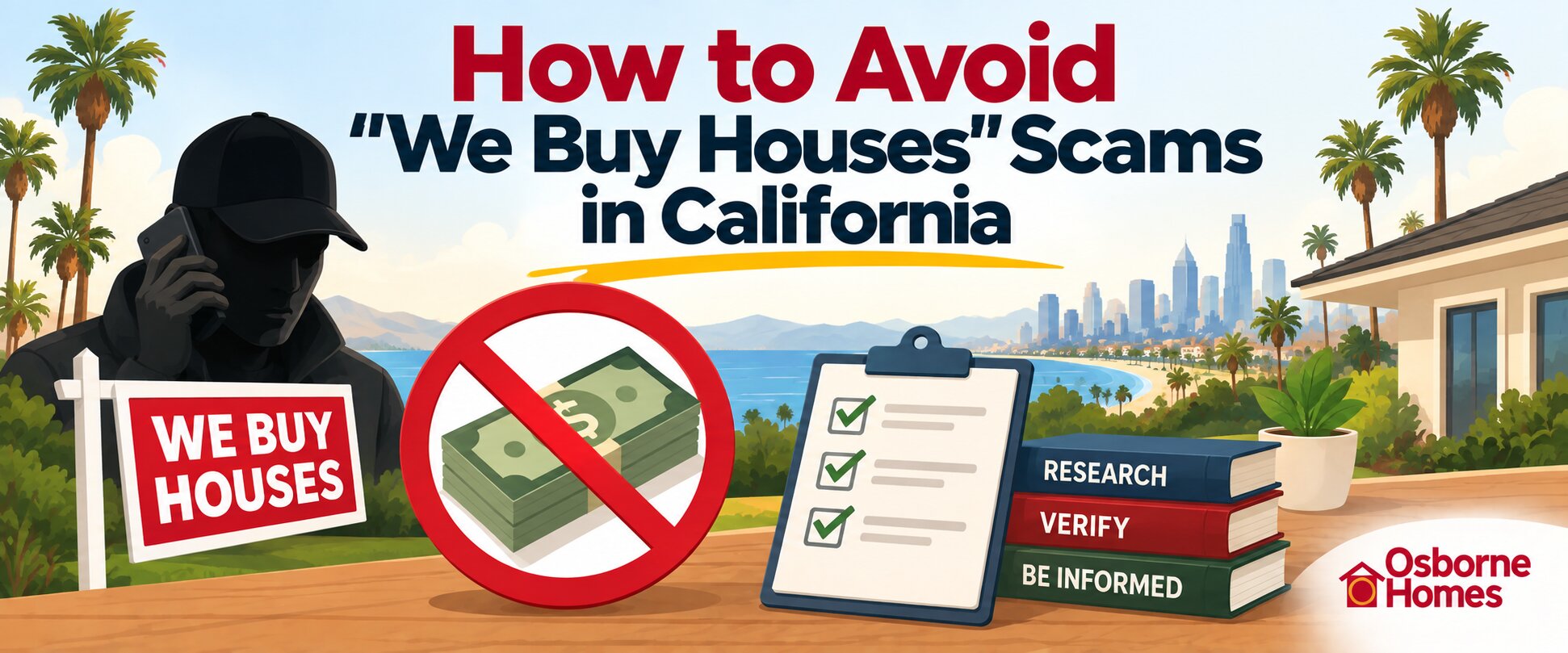 Avoiding We Buy Houses scams in California with warning signs, verification checklist and research guidance.