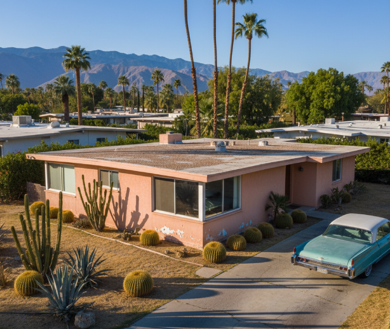 Palm Springs mid-century style home with visible wear, ideal example of a property that cash buyers purchase as-is. AI-generated image.