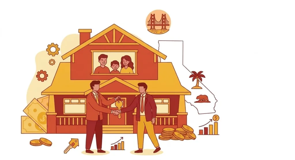 A flat-style vector graphic illustrating a property transaction in California, featuring two men in suits exchanging a house key in front of a home surrounded by wealth and state-specific icons.