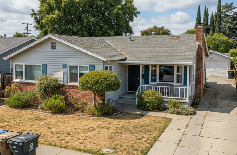 Single-family ranch home in Alameda County with front yard showing typical East Bay residential architecture. AI generated.