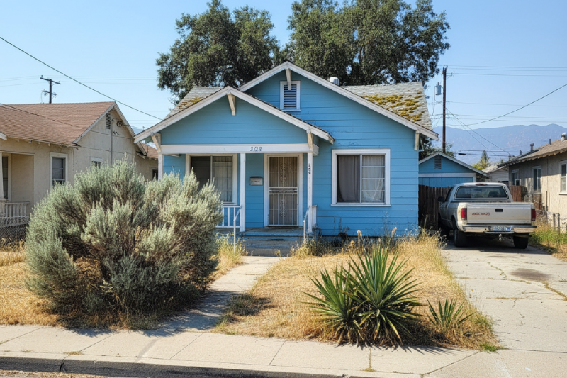 Blue single-family house in Beaumont, California, needing fast cash sale without repairs or improvements required. AI-generated.