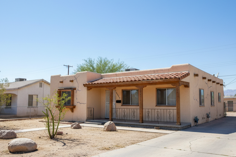 Adobe-style house in Blythe, California desert climate needing fast cash sale without repairs required. AI-generated.