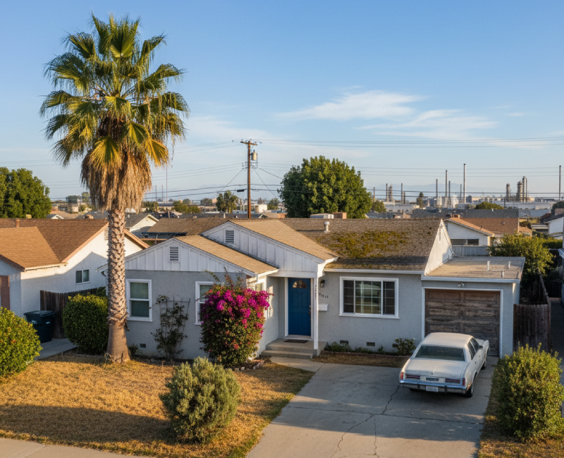 Carson single-story suburban home with palm tree and driveway, example of a property Osborne Homes would purchase for cash. AI-generated.