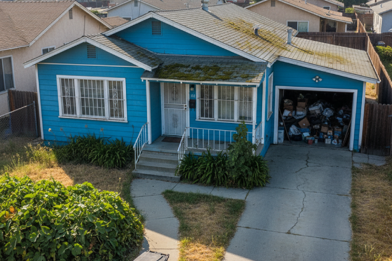Blue house with a moss-covered roof in Cerritos, California needing fast cash sale without repairs or staging. AI-generated.