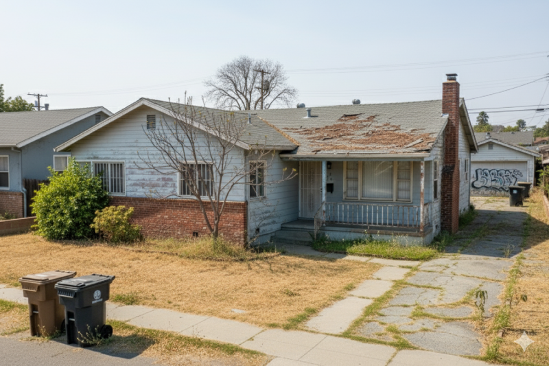 Distressed Compton, California house with damaged roof needing fast cash sale without repairs or improvements. AI-generated.