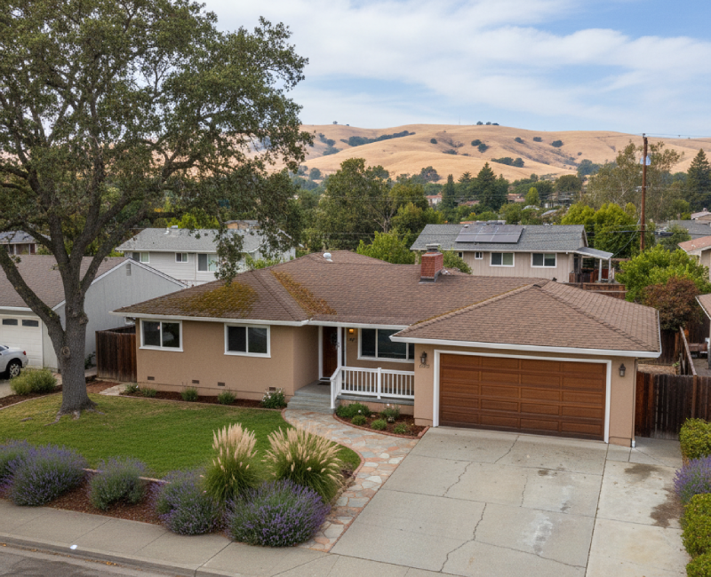Single-story suburban Contra Costa County home with front yard landscaping, example of property Osborne Homes buys for cash. AI-generated.