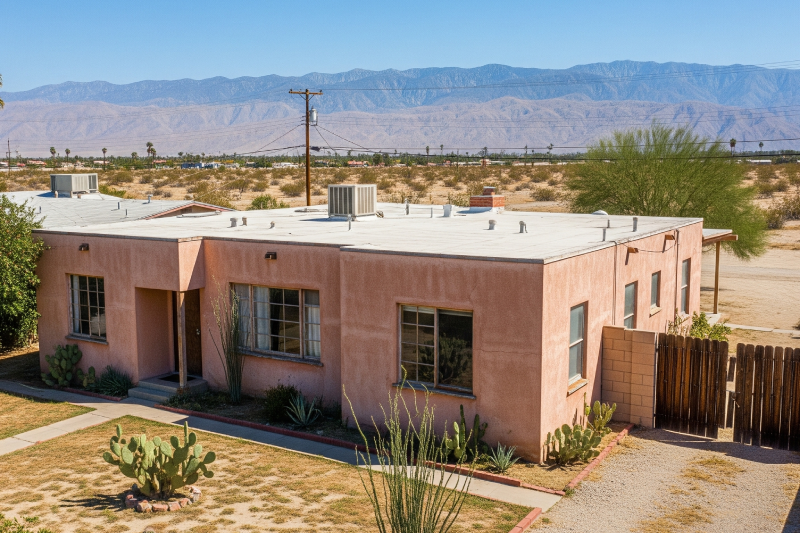 Adobe-style desert home with cactus landscaping showing Desert Hot Springs residential properties bought by cash buyers. AI-generated.