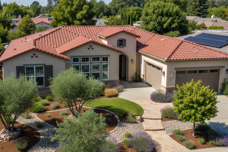 Single-family home in Placer County with drought-resistant landscaping sold as-is to cash home buyers. AI-generated.