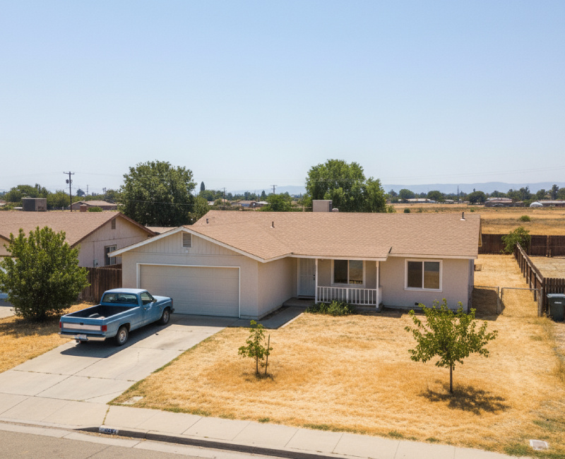 Kings County single-story suburban home with dry yard and pickup truck, an example of a property Osborne Homes would buy. AI-generated image.