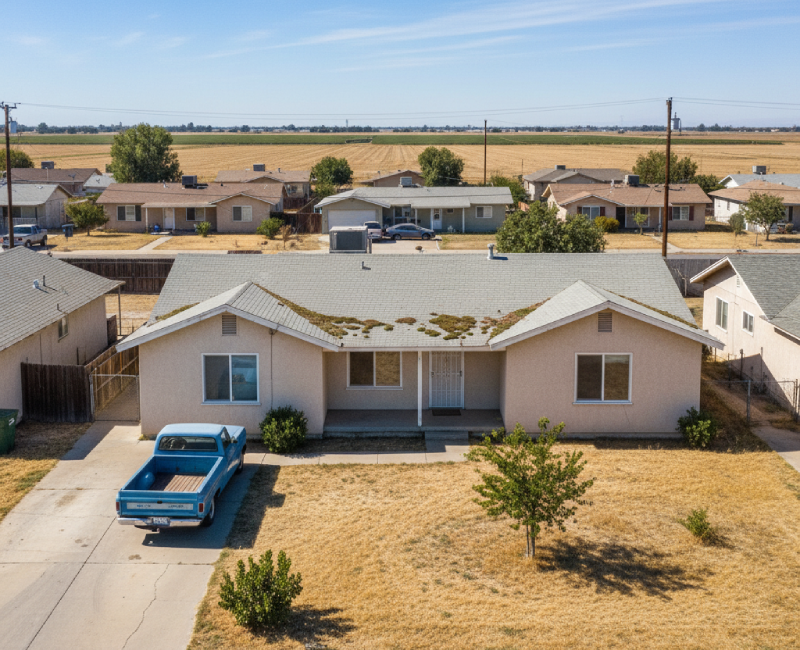 Lemoore single-story home with aging roof and pickup truck in driveway, example of property Osborne Homes buys. AI-generated.