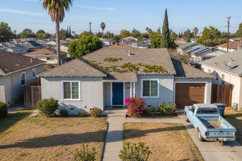 Single-family house with moss-covered roof in Lynwood, California, a neighborhood needing fast cash sale. AI-generated.