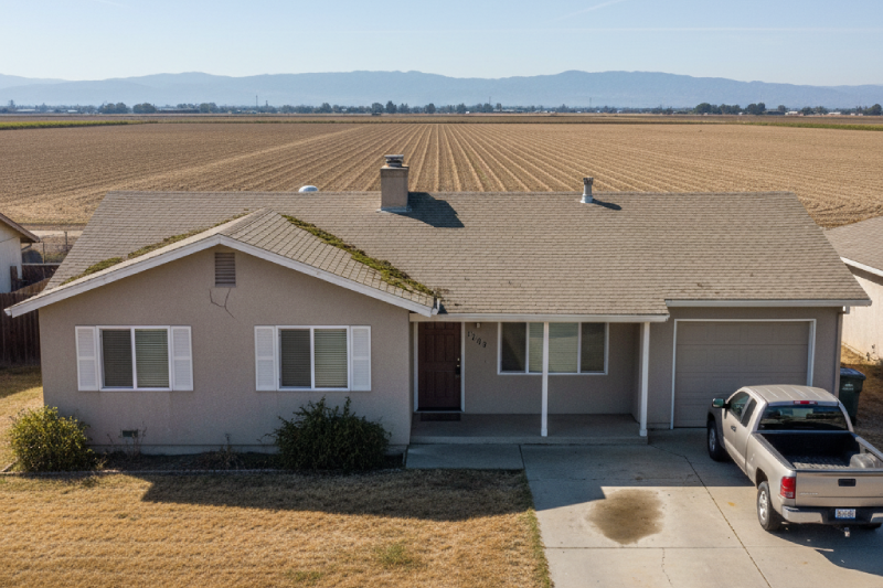 Ranch-style home with agricultural fields background showing Merced County rural properties, Osborne Homes purchases as-is.