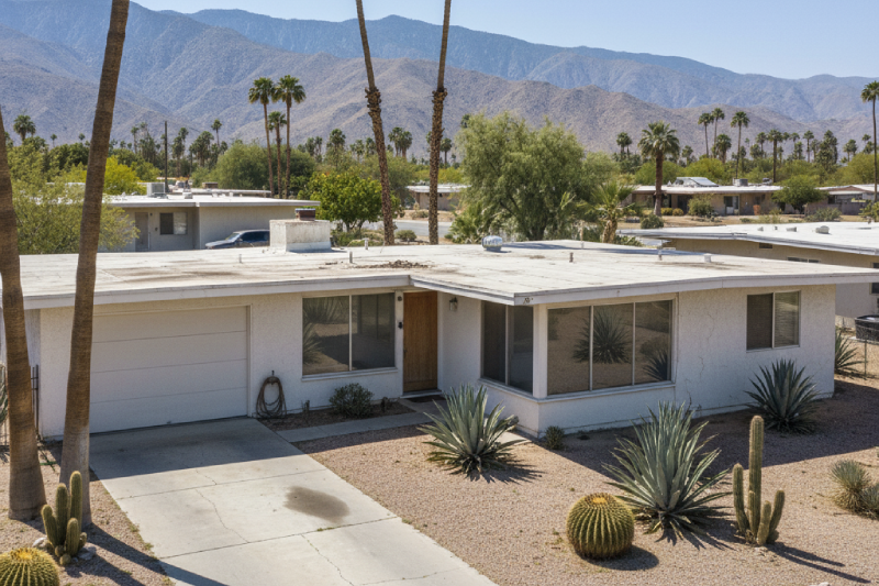 Mid-century modern desert home with flat roof and desert landscaping showing Palm Desert’s architecture. AI-generated image.