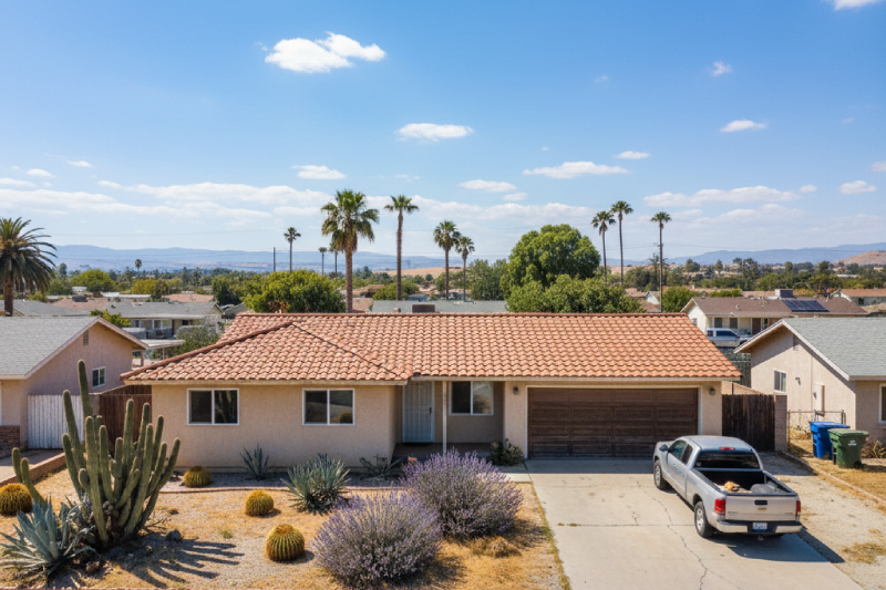 Riverside County suburban home with desert landscaping and pickup truck in driveway, example of property Osborne Homes buys. AI-generated.