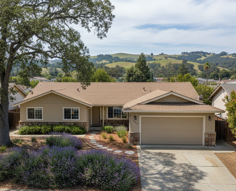 Suburban San Ramon single-story home with landscaped yard, a good example of a property that Osborne Homes would buy quickly for cash. AI-generated image.