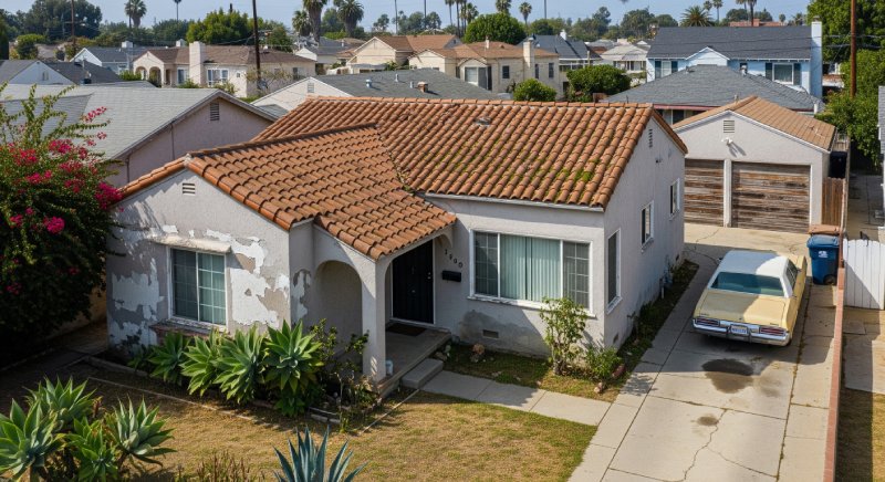 Aged Los Angeles house with peeling exterior and tile roof, showing Osborne Homes’ as-is buying process.