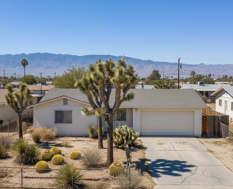 Single-story Ridgecrest desert home with xeriscape yard and Joshua trees, an example of a property Osborne Homes would buy as-is. AI-generated image.