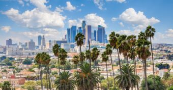 Beautiful cloudy day of Los Angeles downtown skyline and palm trees in foreground