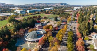 Aerial view of San Ramon, California with office buildings, parks, and residential neighborhoods highlighting real estate.