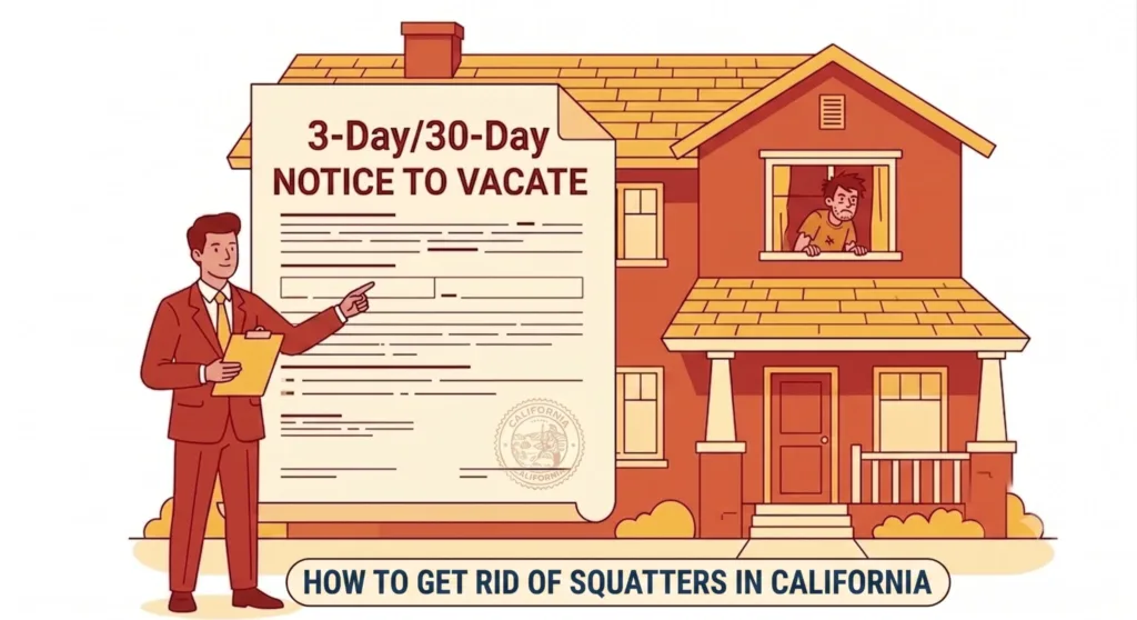 An illustrative infographic, set against a two-story house, depicts a formal legal notice process with text at the bottom reading "HOW TO GET RID OF SQUATTERS IN CALIFORNIA."