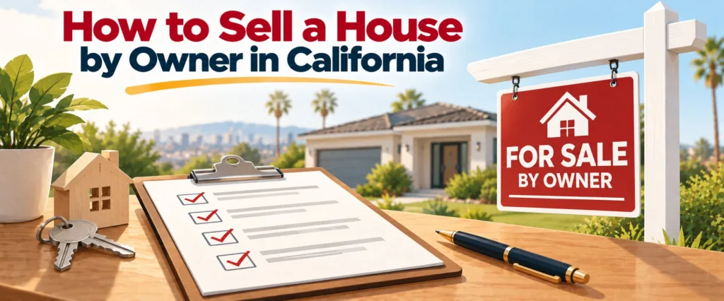For sale by owner sign and checklist outside a California home, illustrating the FSBO selling process.