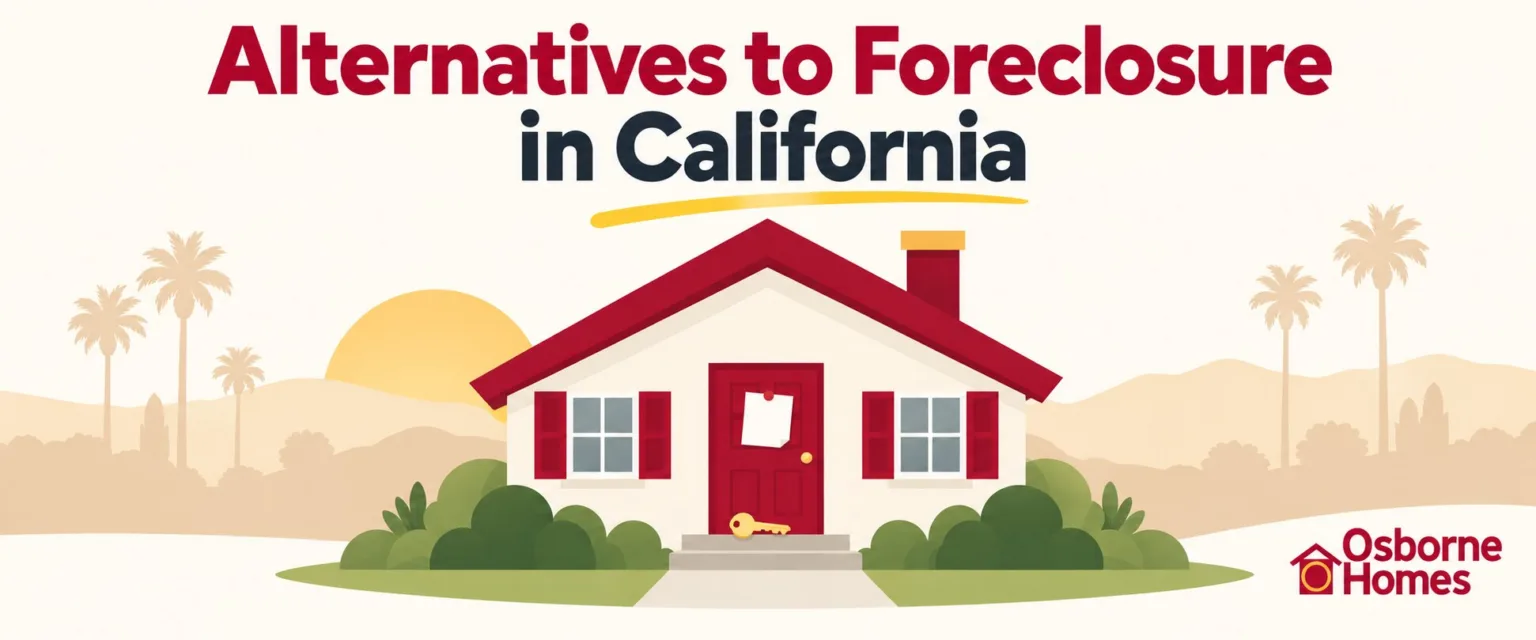 Vector graphic of a California home with foreclosure notice and key, featuring Osborne Homes branding.