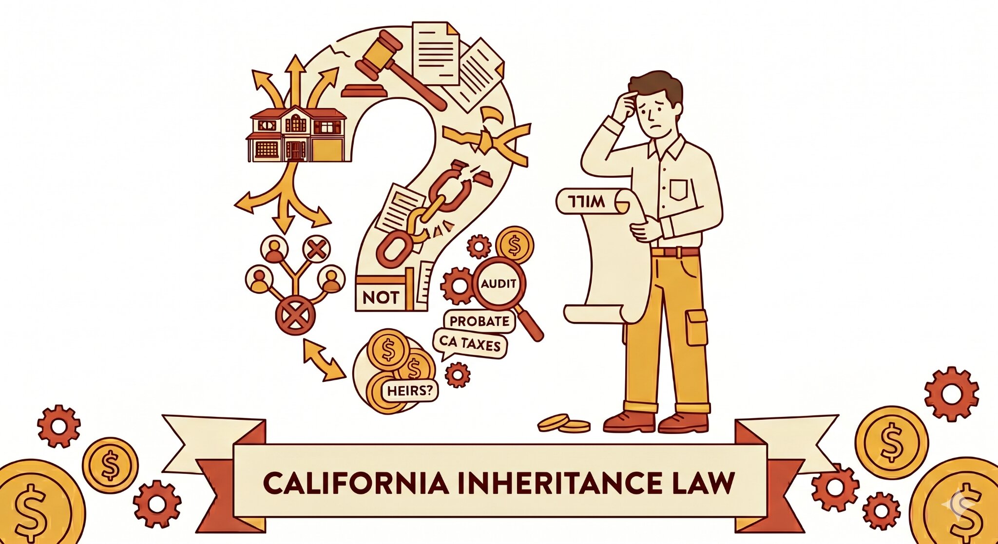 Inheritance law A flat-line vector infographic titled "CALIFORNIA INHERITANCE LAW" depicts a perplexed man looking over a document next to a large question mark filled with complex legal and real estate symbols like a house, a gavel, and audit gears.