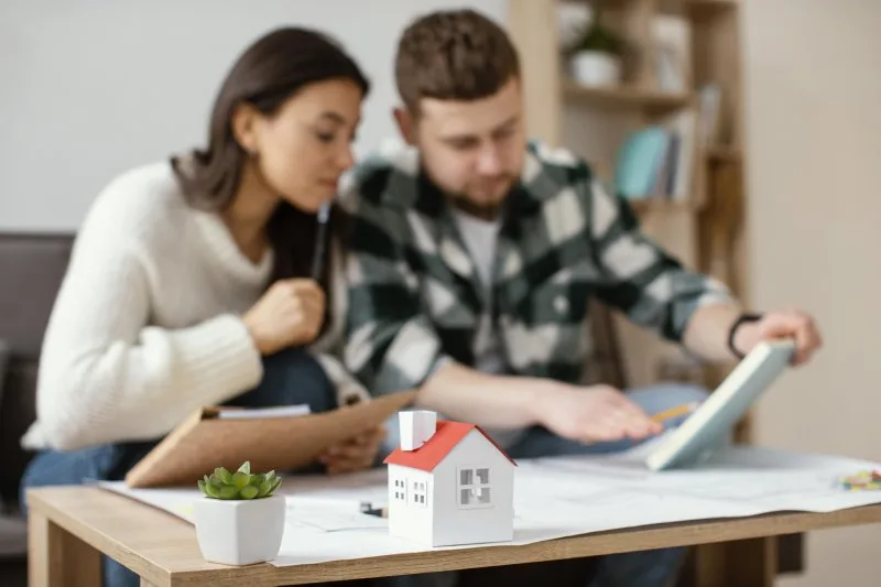 Couple planning inherited property sale with house model and documents on table in California home