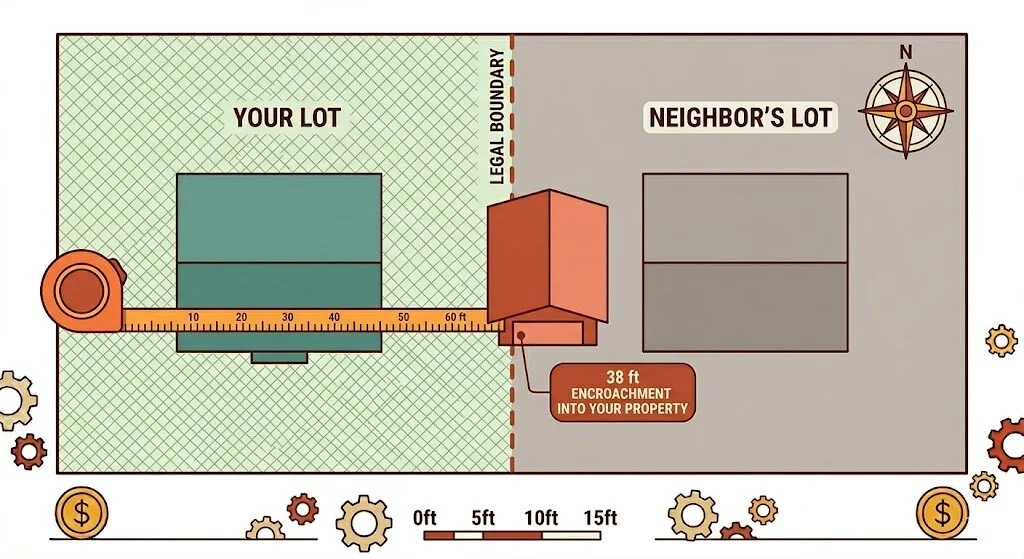 An editorial real estate infographic showing a top-down plot plan of two adjacent lots where a terracotta-colored shed encroaches across a dashed legal boundary line into a cross-hatched green lot measured by an orange tape measure.