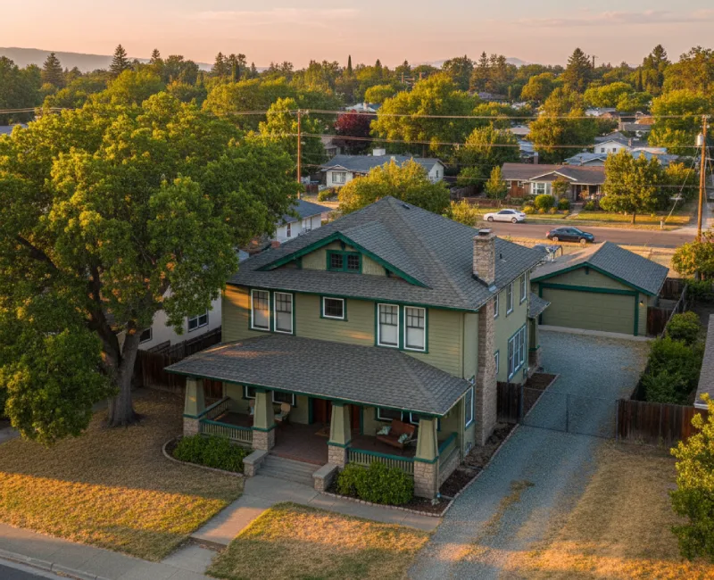 Craftsman-style home in Elk Grove residential neighborhood, typical of Sacramento County real estate market properties. AI-generated.