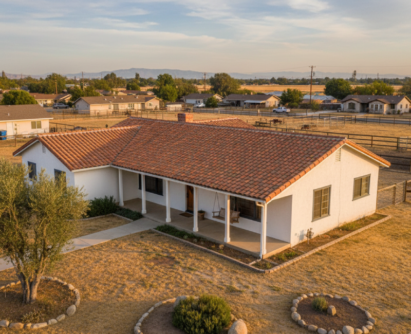 Single-story ranch home on large rural lot, typical of Jurupa Valley equestrian properties. AI-generated.