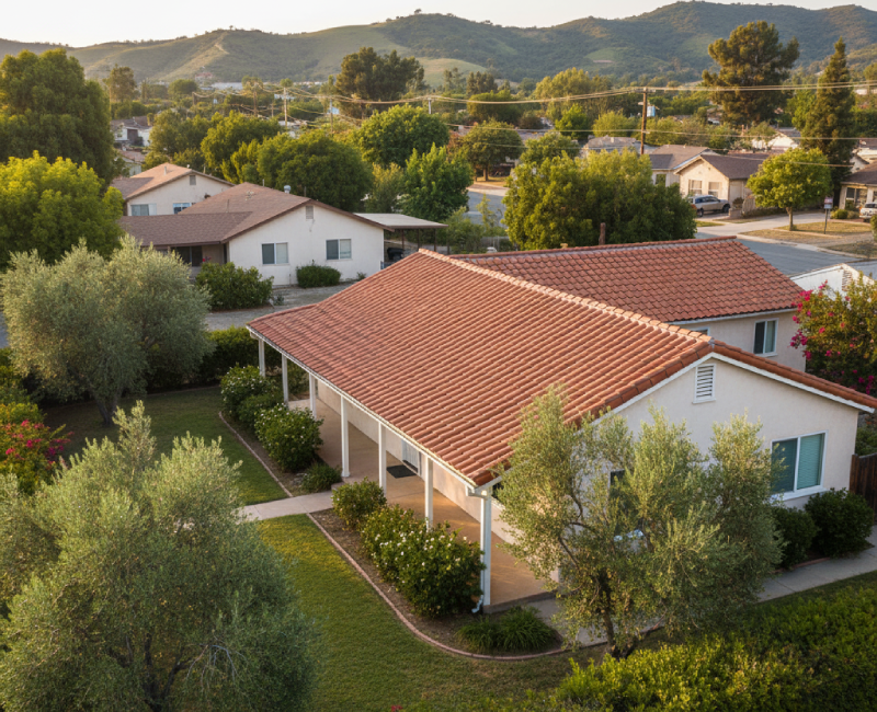 Aerial view of single-story Santa Clarita home with red tile roof, covered patio, and mature landscaping with mountains in the background. AI-generated.