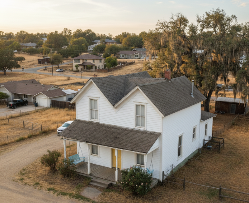 Historic white farmhouse in Temecula showing wine country residential properties typical of Riverside County real estate. AI-generated.