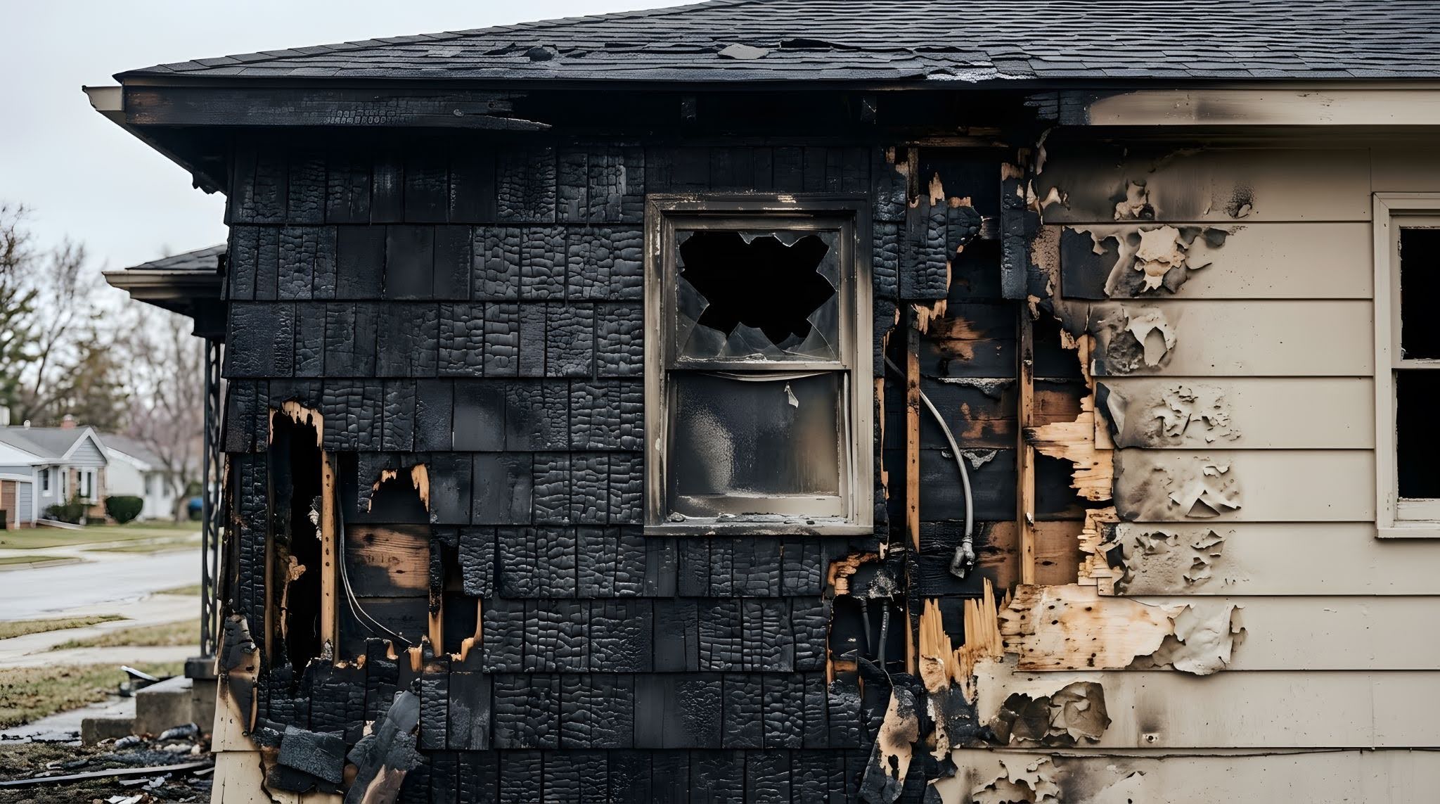 a facade of a fire damaged house in a residential california area