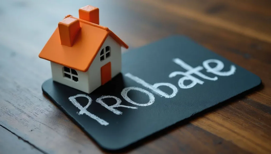 miniature house model rests on slate board with word probate written in chalk represents estate legal proceedings inheritance transfer of property.