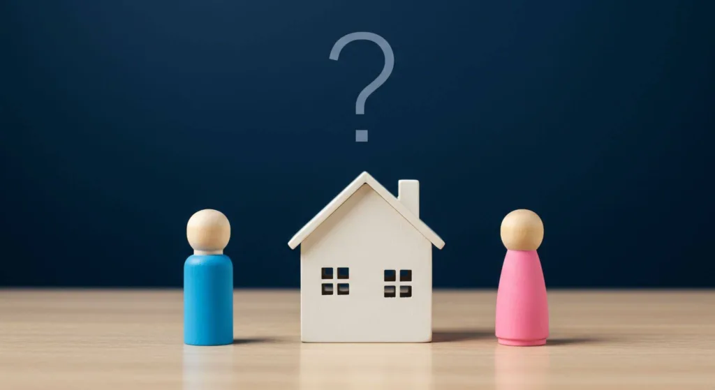 graphic of a white house with question mark above with blue pawn on the right and pink on the left symbolizing property issues when going through a divorce