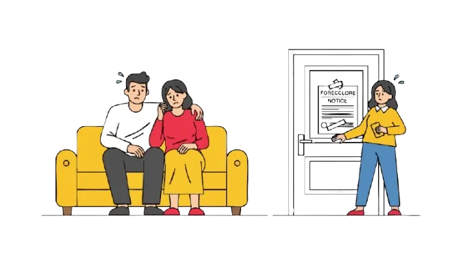 a vector graphic of stressed couple on a couch with a foreclosure notice letter on the door on the right