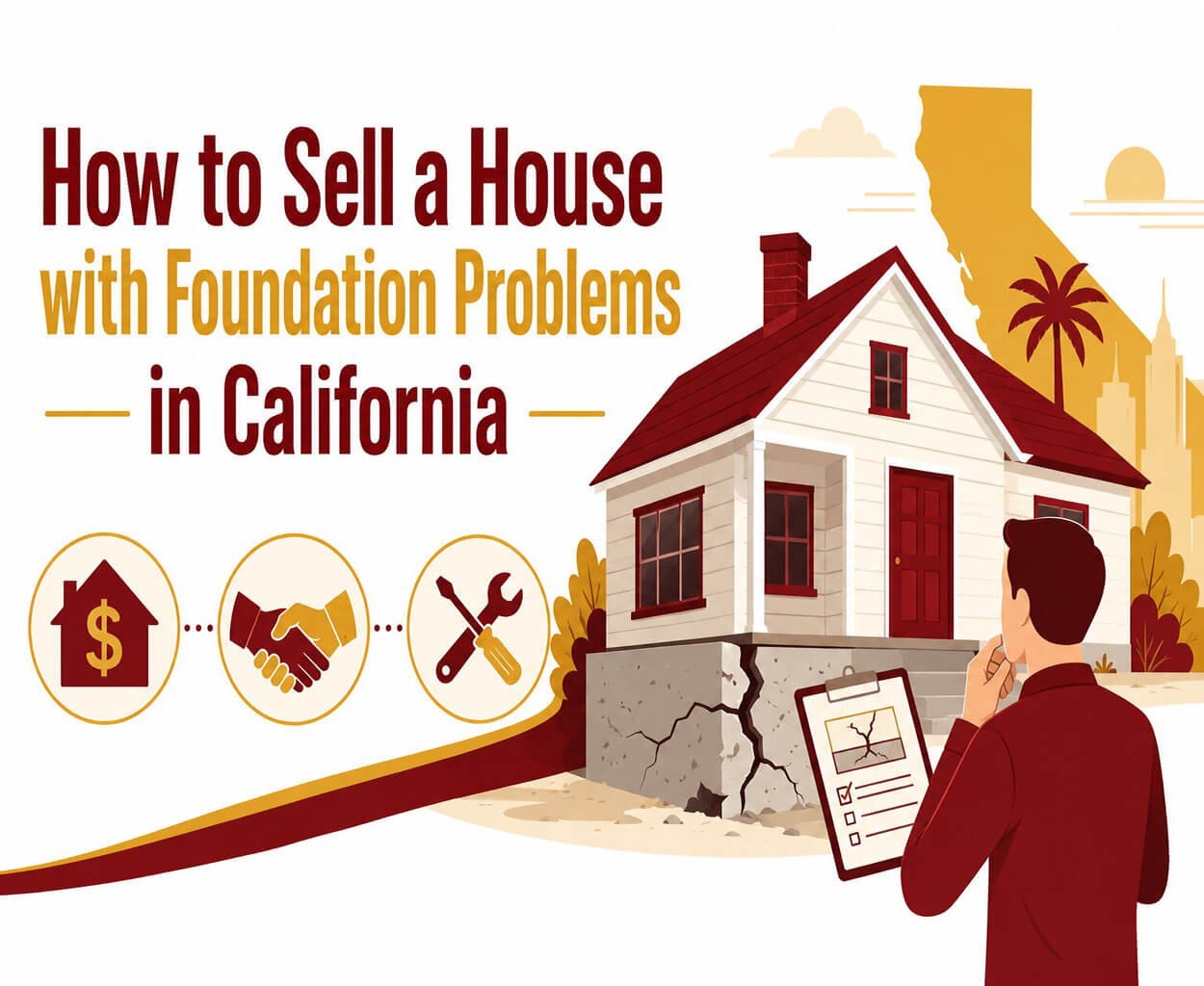 A vector graphic of a homeowner reviews a house with visible foundation cracks while considering options for selling it in California. The illustration features a damaged foundation, inspection checklist, and icons representing repairs, negotiations, and cash offers.