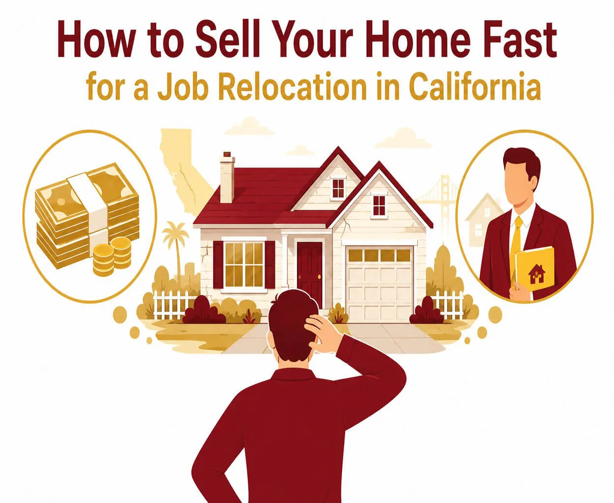 A homeowner scratches their head while deciding between a direct cash sale and working with a real estate agent, with their California home at the center