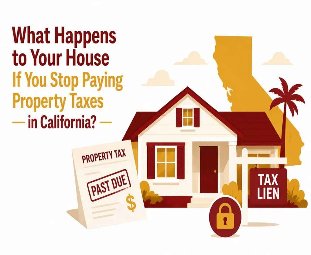 A California home is shown beside a past-due property tax notice and a tax lien sign, illustrating the risks of unpaid property taxes. The simple vector graphic uses red, gold, and white tones to represent tax delinquency and potential threats to homeownership.