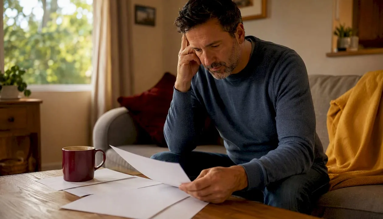 Homeowner reviewing mortgage documents at kitchen table