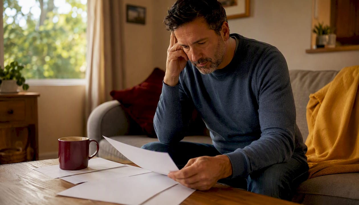 Homeowner reviewing mortgage documents at kitchen table