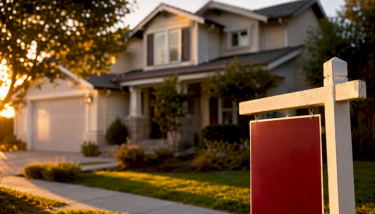 Suburban California home with for sale sign