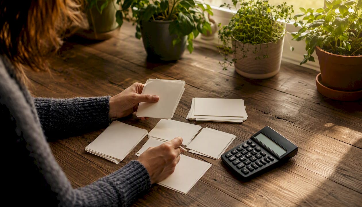 Hands sorting bills with calculator on table
