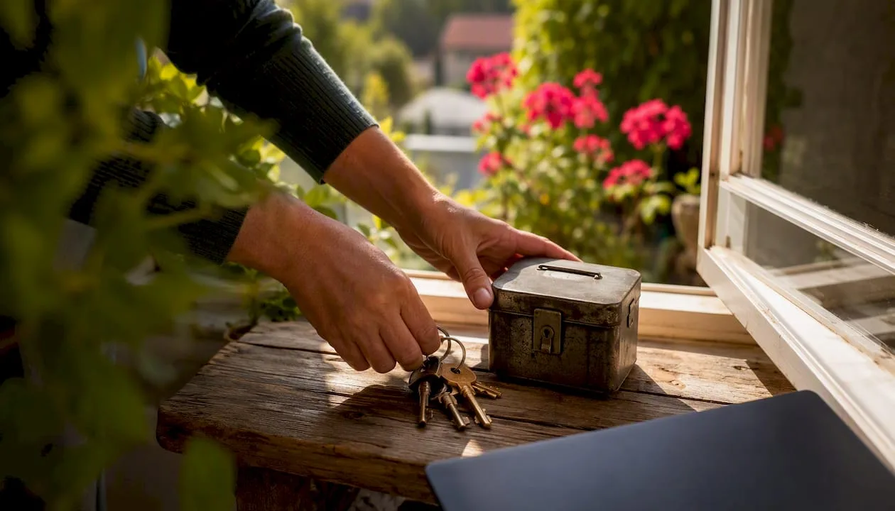 Homeowner placing keys and lockbox on table