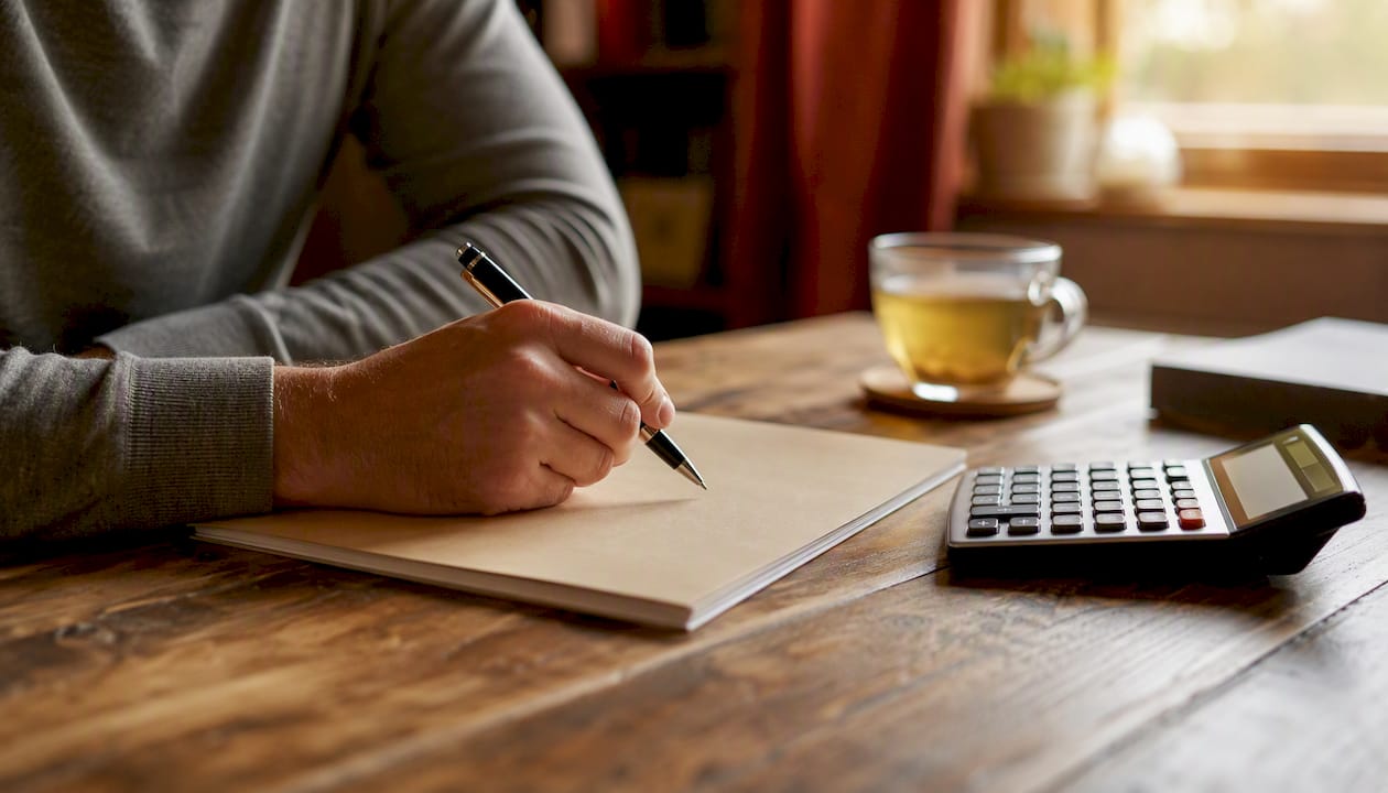 Calculator and contract on table with pen